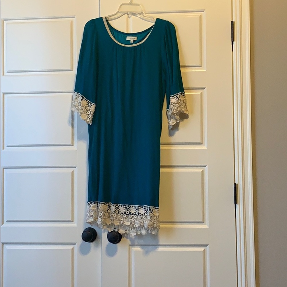 Teal blue dress with lace sleeves